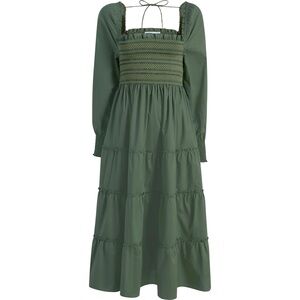 HILL HOUSE NAOMI GREEN LEAF COTTON MIDI DRESS